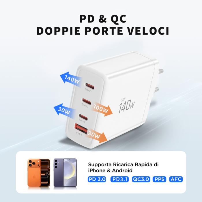 Bild 6, Tech-Protect 140W Väggladdare PD QC3.0 USB-C/USB-A Vit