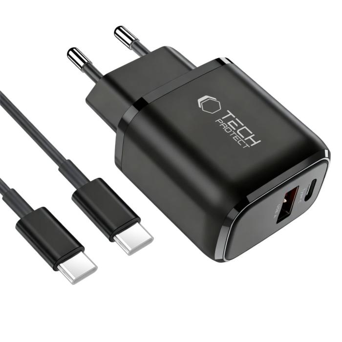 Bild 2, Tech-Protect 45W Väggladdare Inkl. USB-C - USB-C Kabel Svart