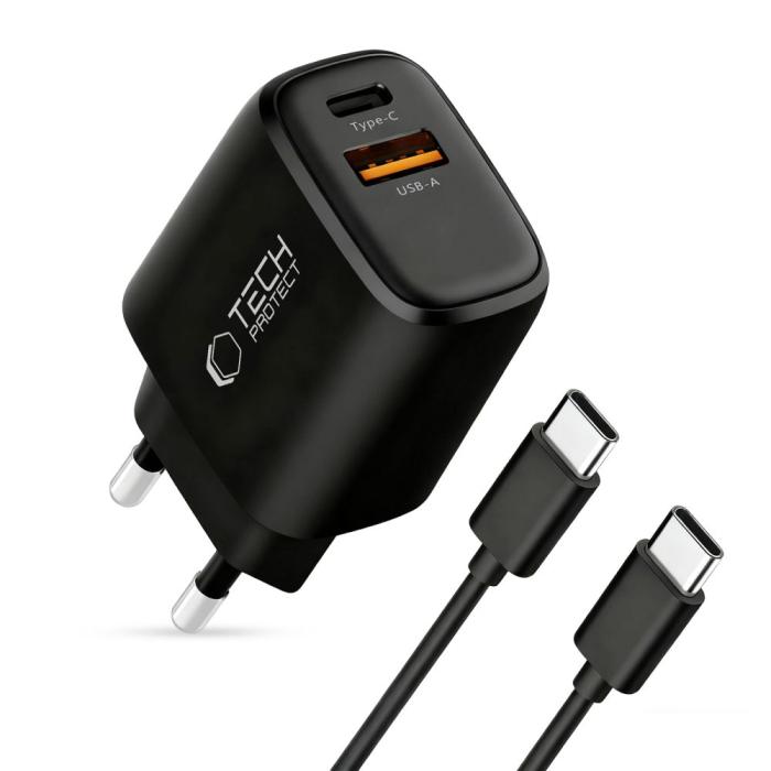 Bild 3, Tech-Protect 45W Väggladdare Inkl. USB-C - USB-C Kabel Svart