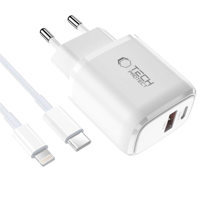 Bild 2, Tech-Protect 45W Väggladdare Inkl. Lightning - USB-C Kabel Vit