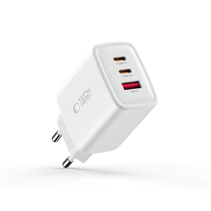 Bild 2, Tech-Protect 65W Väggladdare PD QC3.0 USB-C / USB-A Vit