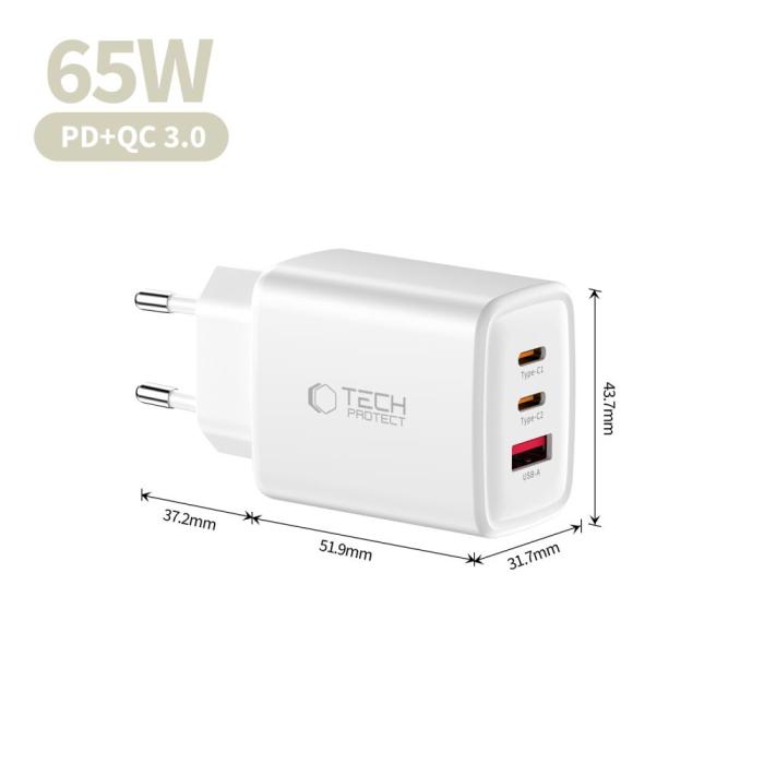 Bild 6, Tech-Protect 65W Väggladdare PD QC3.0 USB-C / USB-A Vit