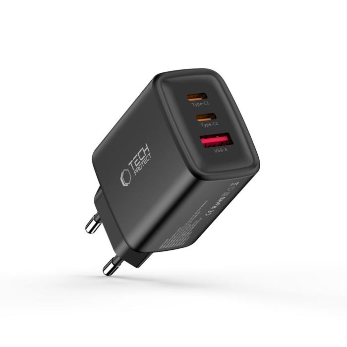 Bild 2, Tech-Protect 65W Väggladdare PD QC3.0 USB-C / USB-A Svart