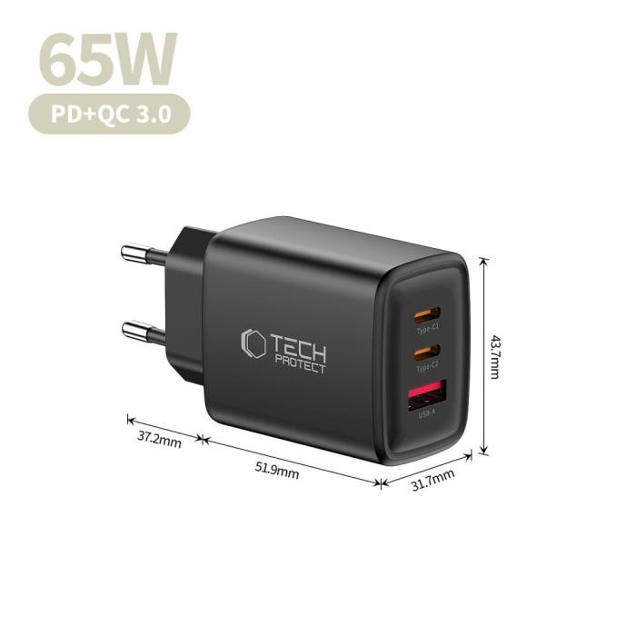 Bild 6, Tech-Protect 65W Väggladdare PD QC3.0 USB-C / USB-A Svart