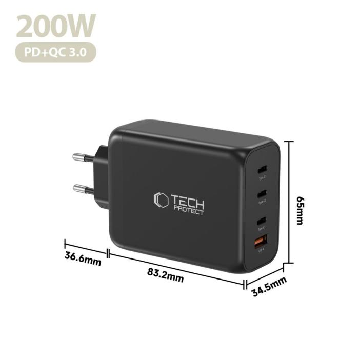 Bild 5, Tech-Protect 200W Väggladdare PD QC3.0 USB-C / USB-A Svart
