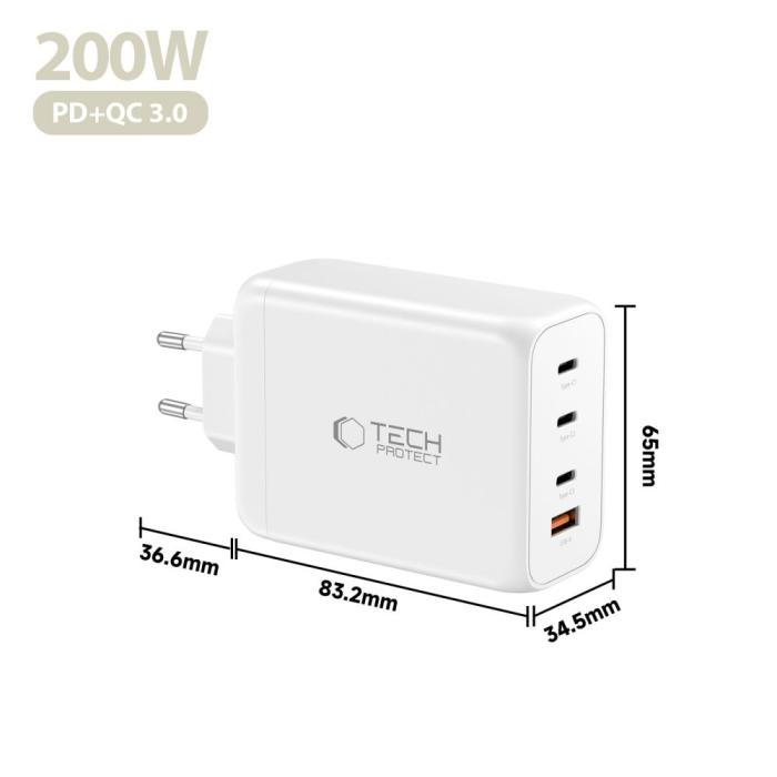 Bild 5, Tech-Protect 200W Väggladdare PD QC3.0 USB-C / USB-A Vit