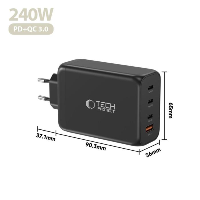Bild 5, Tech-Protect 240W Väggladdare PD QC3.0 USB-C / USB-A Svart