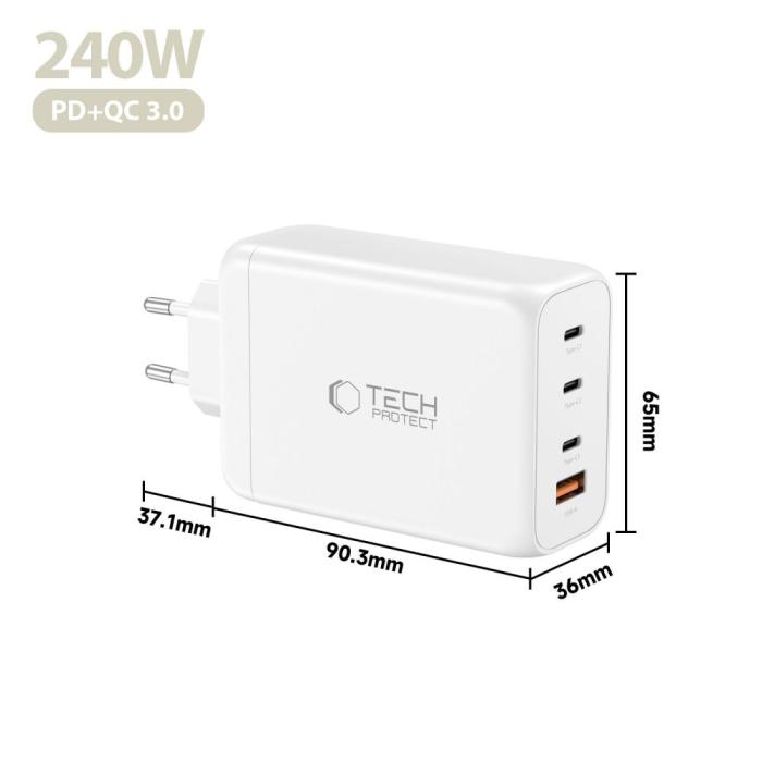 Bild 5, Tech-Protect 240W Väggladdare PD QC3.0 USB-C / USB-A Vit