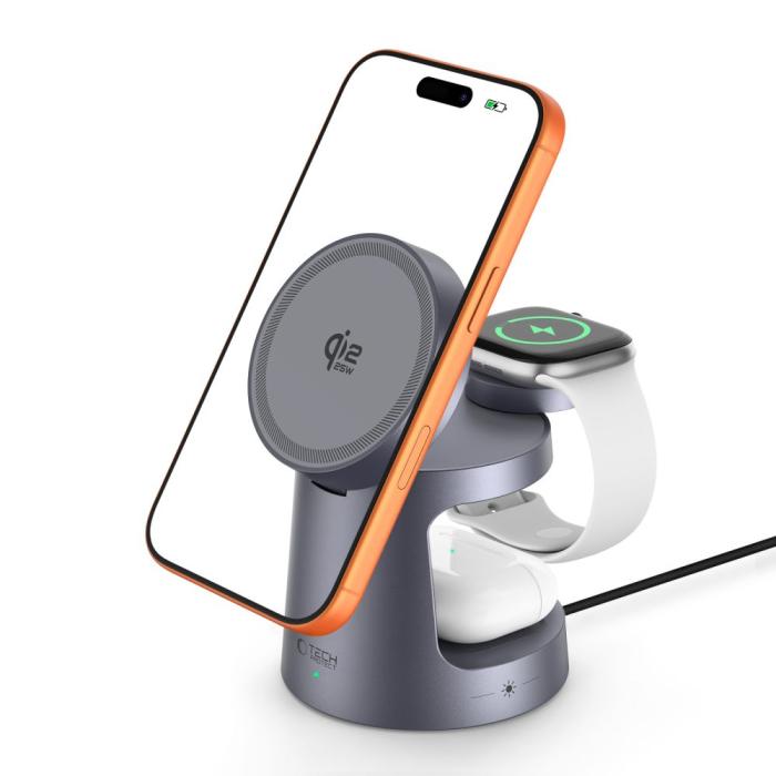 Bild 2, Tech-Protect 25W 3in1 Trådlös Magnetisk MagSafe Laddare Dark Grey