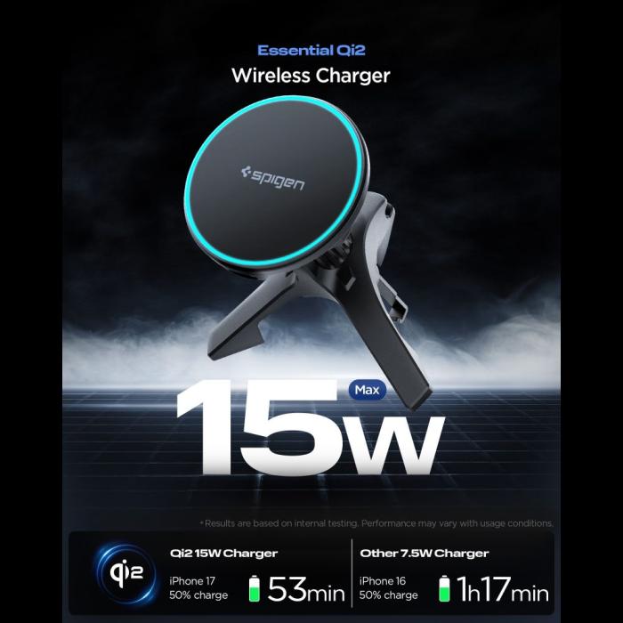 Bild 2, Spigen 15W Qi2 Magnetisk MagSafe Billaddare Essential Luftventil Svart