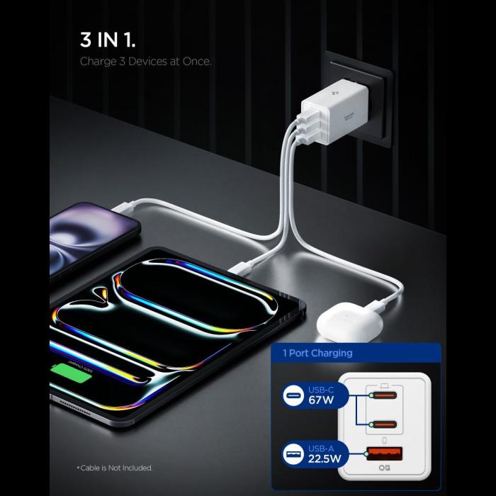 Bild 3, Spigen 67W Väggladdare USB-C/USB-A Essential Vit