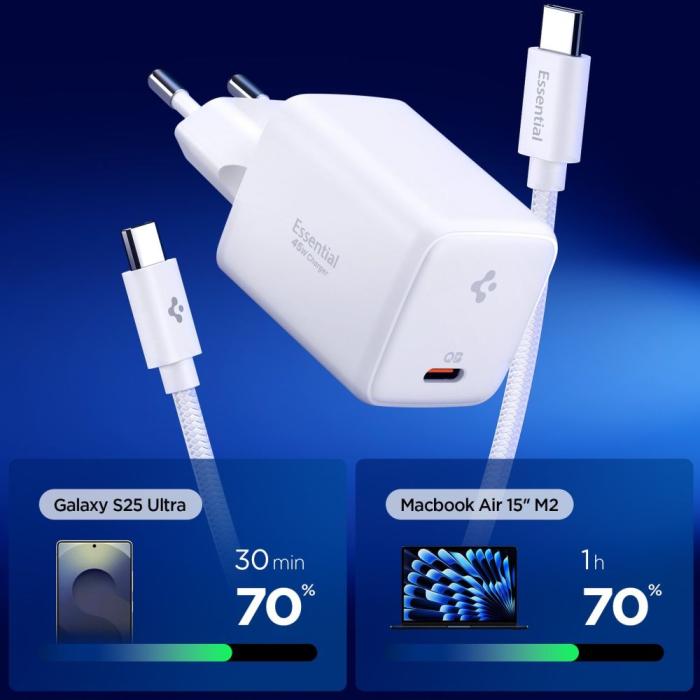 Bild 2, Spigen 45W Väggladdare Inkl. USB-C Kabel Essential Vit