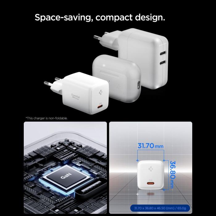 Bild 3, Spigen 45W Väggladdare Inkl. USB-C Kabel Essential Vit