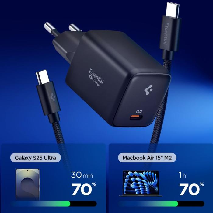 Bild 2, Spigen 45W Väggladdare Inkl. USB-C Kabel Essential Svart
