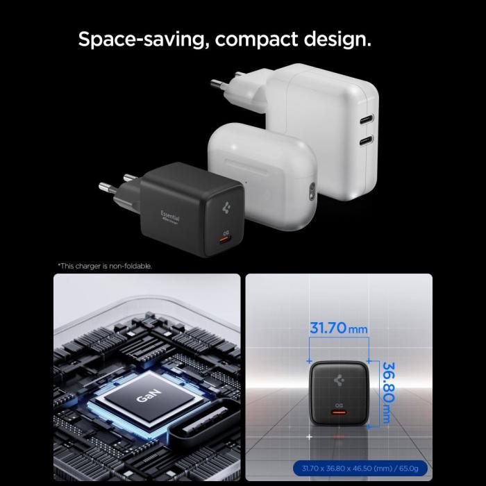 Bild 3, Spigen 45W Väggladdare Inkl. USB-C Kabel Essential Svart