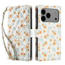 iPhone 17 Pro Fodral Rhombus Läder Blommor Vit