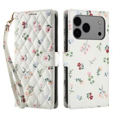iPhone 17 Pro Fodral Rhombus Läder Blommor Vit