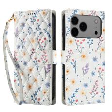 iPhone 17 Pro Fodral Rhombus Läder Blommor Vit