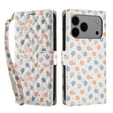 iPhone 17 Pro Fodral Rhombus Läder Blommor Vit