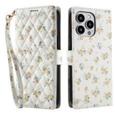 iPhone 16 Pro Max Fodral Rhombus Läder Blommor Vit