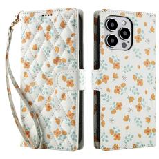 iPhone 16 Pro Fodral Rhombus Läder Blommor Vit