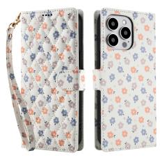 iPhone 16 Pro Fodral Rhombus Läder Blommor Vit