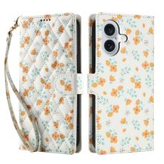 iPhone 16 Fodral Rhombus Läder Blommor Vit