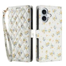 iPhone 16 Fodral Rhombus Läder Blommor Vit