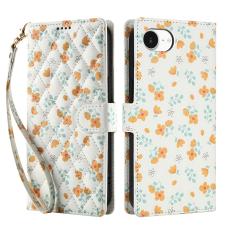 iPhone 16e Fodral Rhombus Läder Blommor Vit