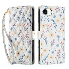 iPhone 16e Fodral Rhombus Läder Blommor Vit