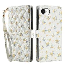 iPhone 16e Fodral Rhombus Läder Blommor Vit