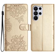 Samsung Galaxy S26 Ultra Fodral Med Blommigt Tryck L&auml;der Guld
