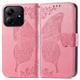 Xiaomi Redmi Note 14 5G Fodral Läder Fjäril Tryck Rosa
