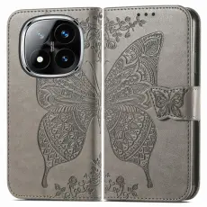 Xiaomi Redmi Note 14 Pro 5G Fodral Läder Fjäril Tryck Grå