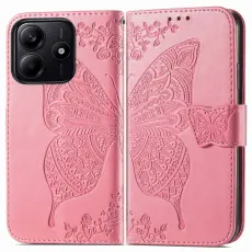 Xiaomi Redmi Note 14 5G Fodral Läder Fjäril Tryck Rosa