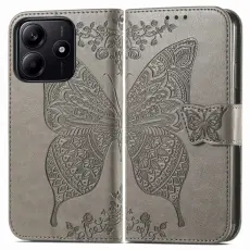 Xiaomi Redmi Note 14 5G Fodral Läder Fjäril Tryck Grå