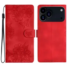 iPhone 17 Pro Max Fodral Med Blommigt Tryck L&auml;der R&ouml;d