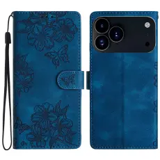 iPhone 17 Pro Max Fodral Med Blommigt Tryck L&auml;der Bl&aring;