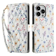 iPhone 16 Pro Fodral Rhombus Läder Blommor Vit