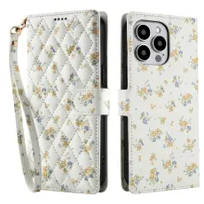 iPhone 16 Pro Fodral Rhombus Läder Blommor Vit