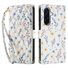 Samsung Galaxy A57 5G Fodral Rhombus L&auml;der Blommor Vit