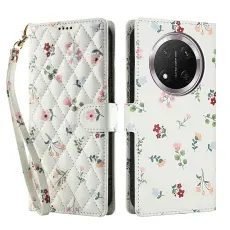 Honor Magic7 Lite Fodral Rhombus L&auml;der Blommor Vit