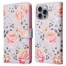 iPhone 16 Pro Max Fodral RFID L&auml;der Rosa Blommor