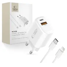 Tech-Protect 45W V&auml;ggladdare Inkl. Lightning - USB-C Kabel Vit