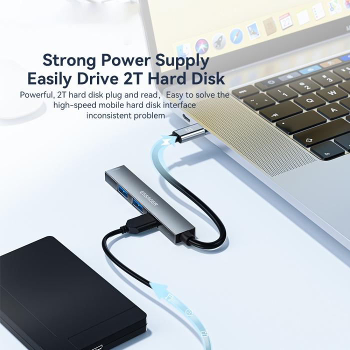 Bild 4, ESSAGER USB-A Hub 4x USB-A 2.0 Portar Aluminium Grå