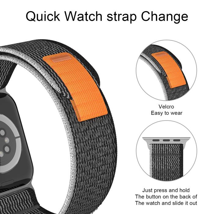 Bild 5, Apple Watch 42/44/45/49 mm Armband Nylon Trail Loop Svart/Grå
