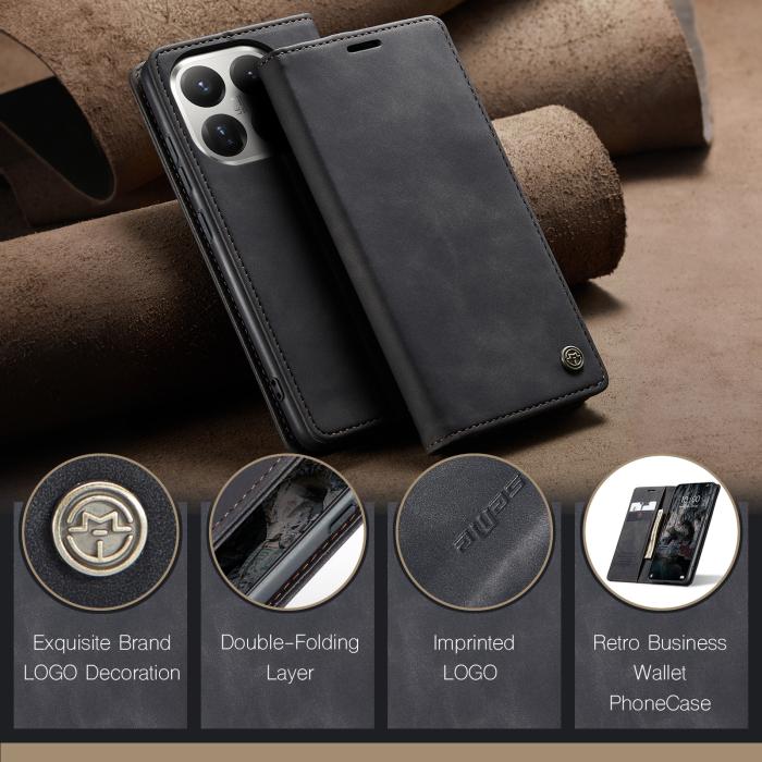 Bild 4, CASEME Xiaomi 15T Fodral Flip Retro Läder Svart