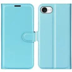 iPhone 17e / 16e Fodral Litchi L&auml;der Bl&aring;