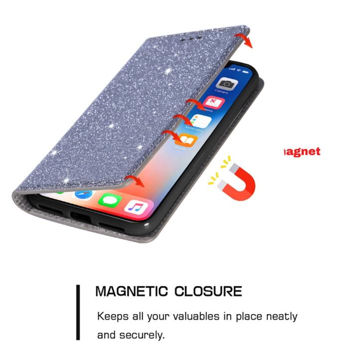 Bild 5, iPhone 15 Fodral Flip Glitter Grå