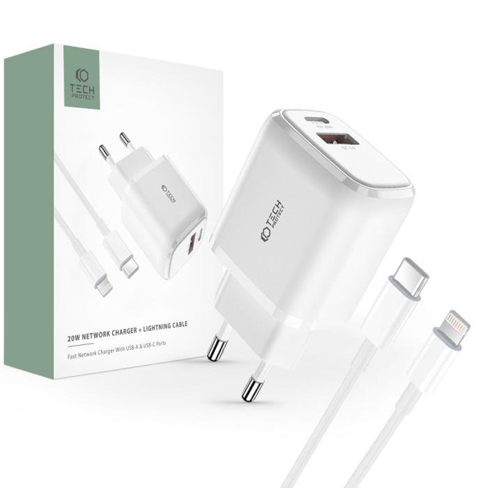 Bild 1, Tech-Protect 20W Väggladdare PD Inkl. USB-C - Lightning Kabel Vit